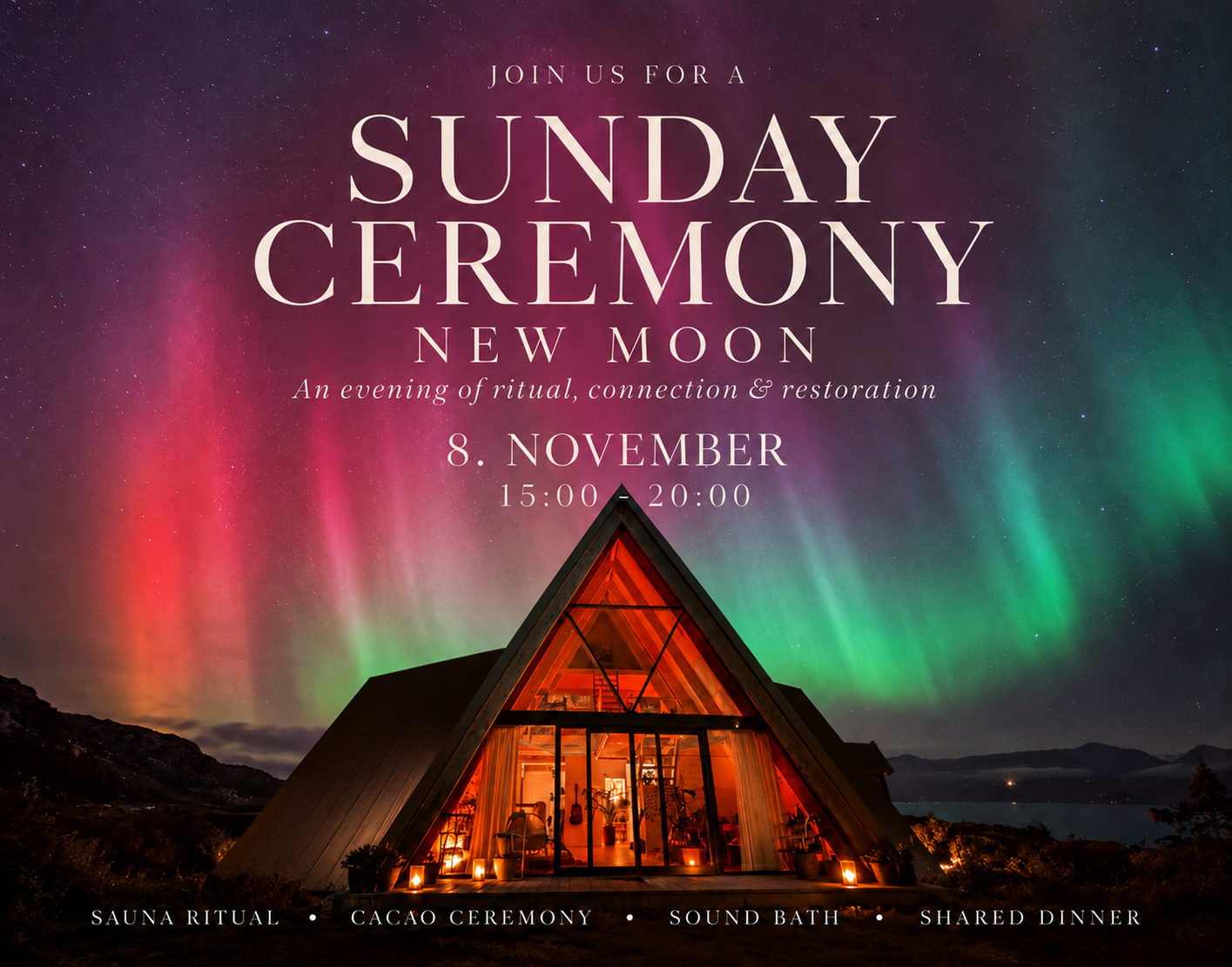 NEW MOON - SUNDAY CEREMONY: Sauna Ritual, Cacao Ceremony & Dinner